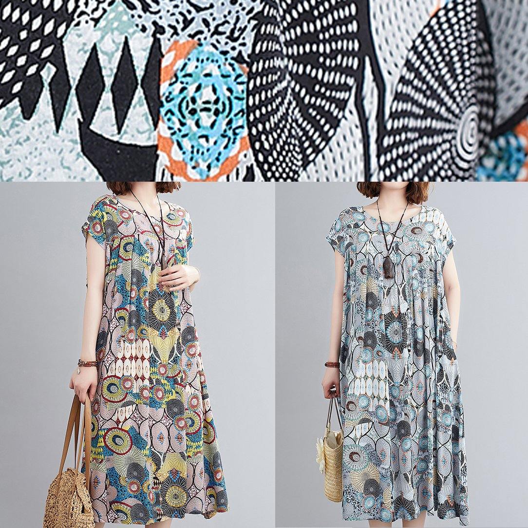 Vivid Yellow Print Outfit O Neck Cinched Baggy Summer Dress