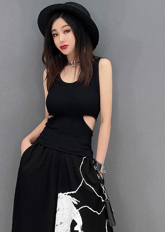 Vogue Black O-neck Tank Top and Harem Pants Two Pieces Set Summer