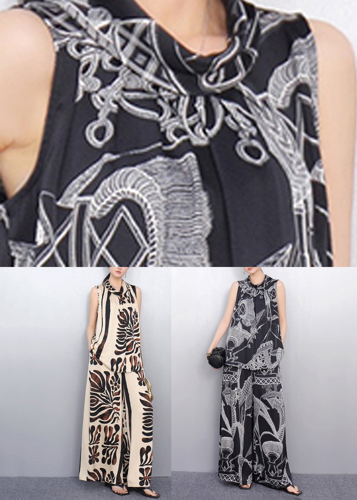 Vogue Black Print Top and Wide Leg Pants Two Pieces Set Summer