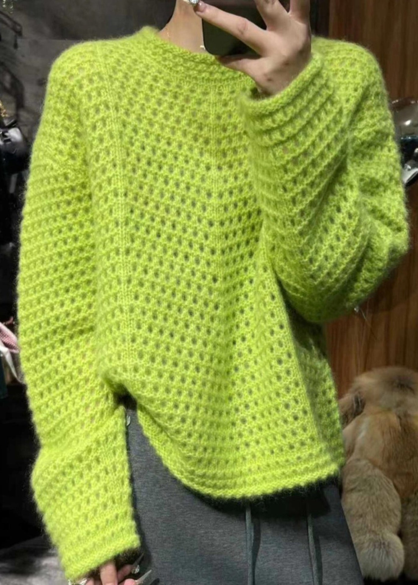 Vogue Green O-neck Hollow Out Cotton Knit Sweater Spring
