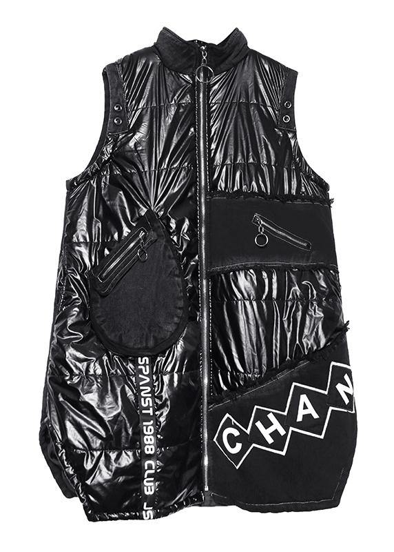 Warm Warm Winter Outwear Black Stand Collar Sleeveless Patchwork Parkas