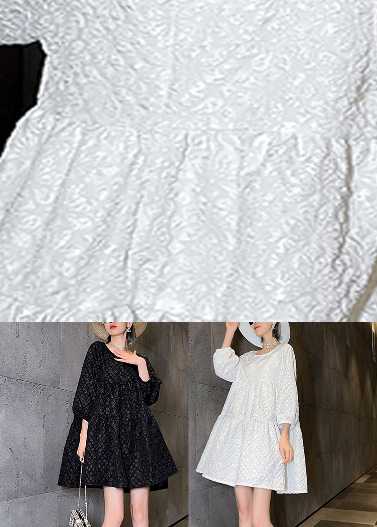 White O-neck a Line Mid Dress Long Sleeve