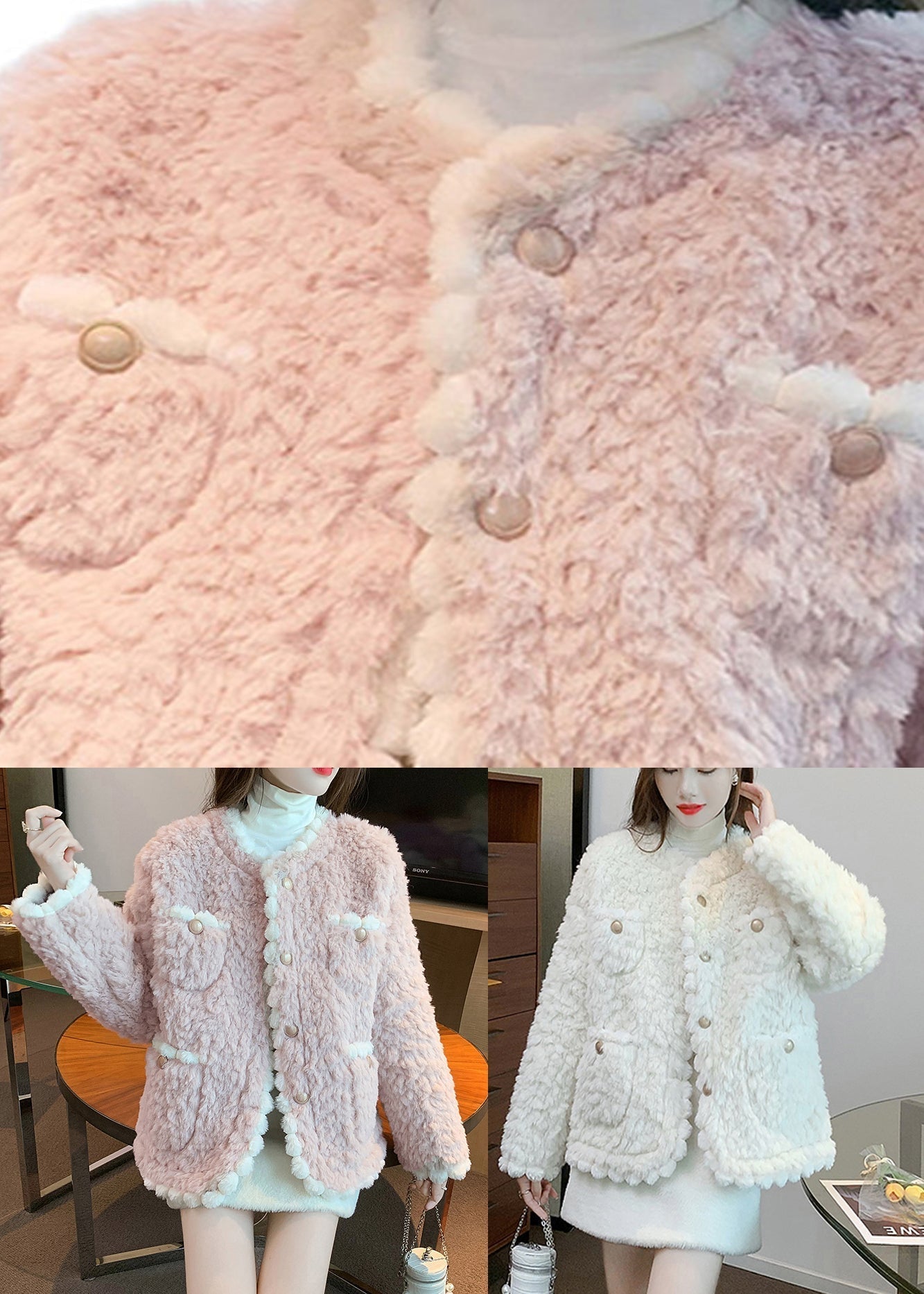 White O-neck Button Faux Fur Coats Fall