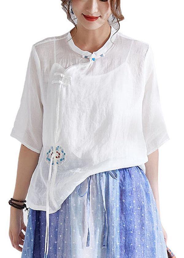 White Oriental Embroideried Summer Ramie Blouses Half Sleeve