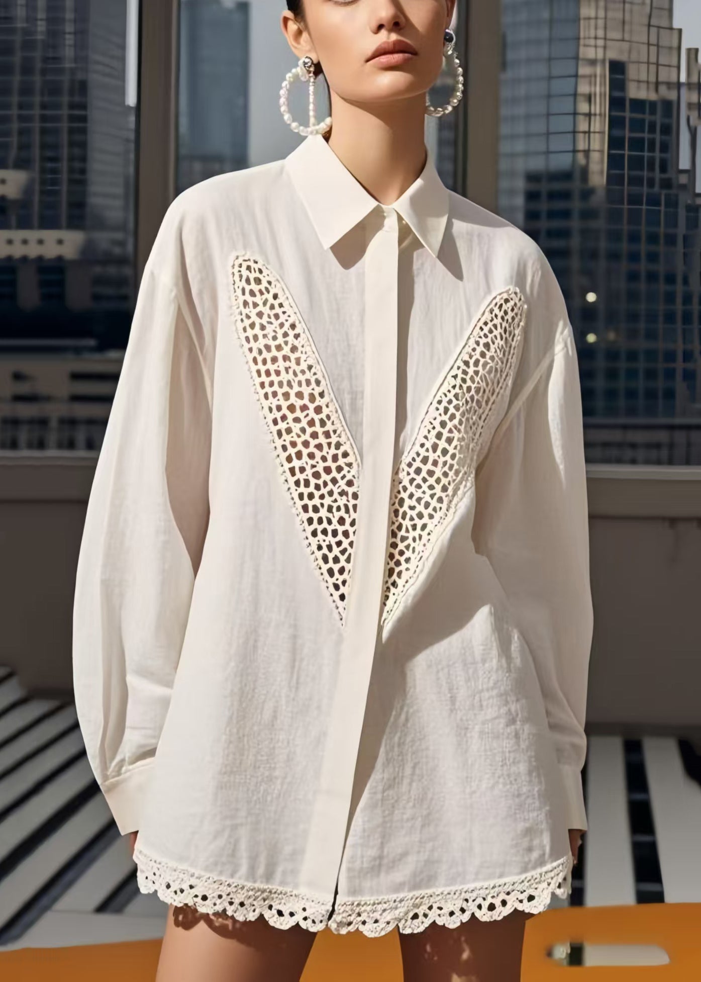White Patchwork Cotton Shirts Hollow Out Spring