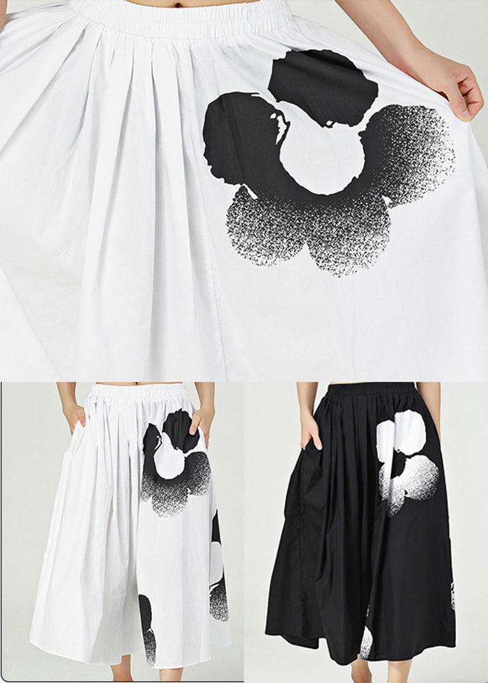 White Print Cotton a Line Skirts Elastic Waist Oversized Summer