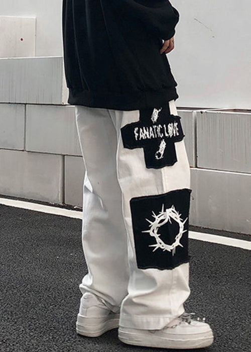 White Print Patchwork Cotton Pants Elastic Waist