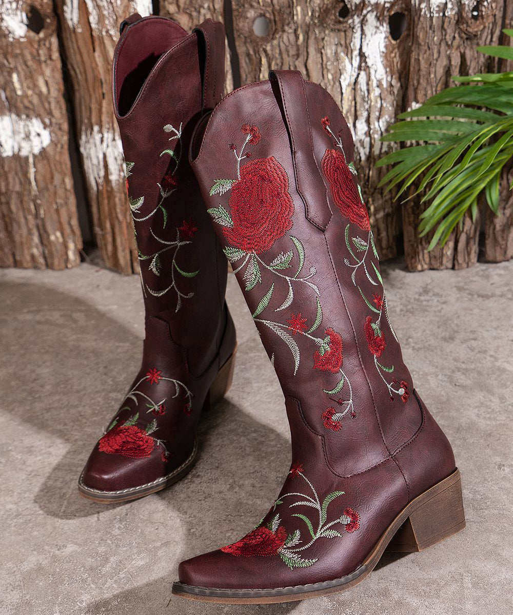 Wine Red Embossed Zippered Faux Leather Chunky Boots