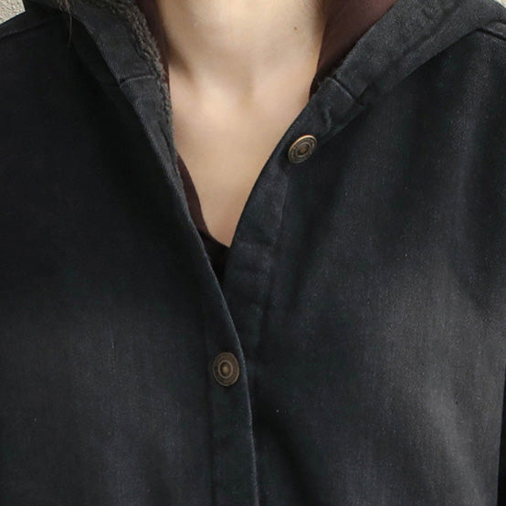 Winter Black Hoodie Short Denim Coat Loose Jacket