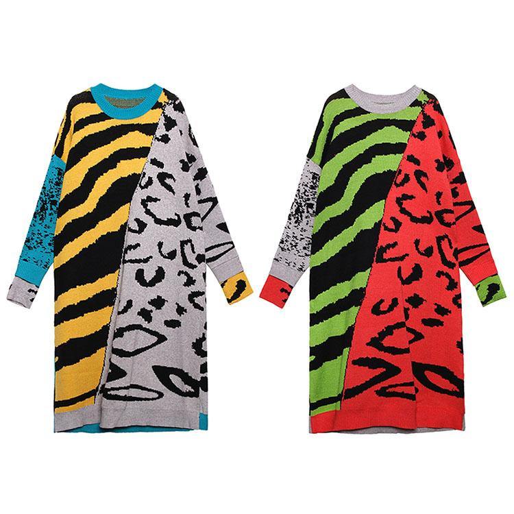 Winter O Neck Baggy Sweater Outfits Upcycle Yellow Print Tunic Knit Dresses