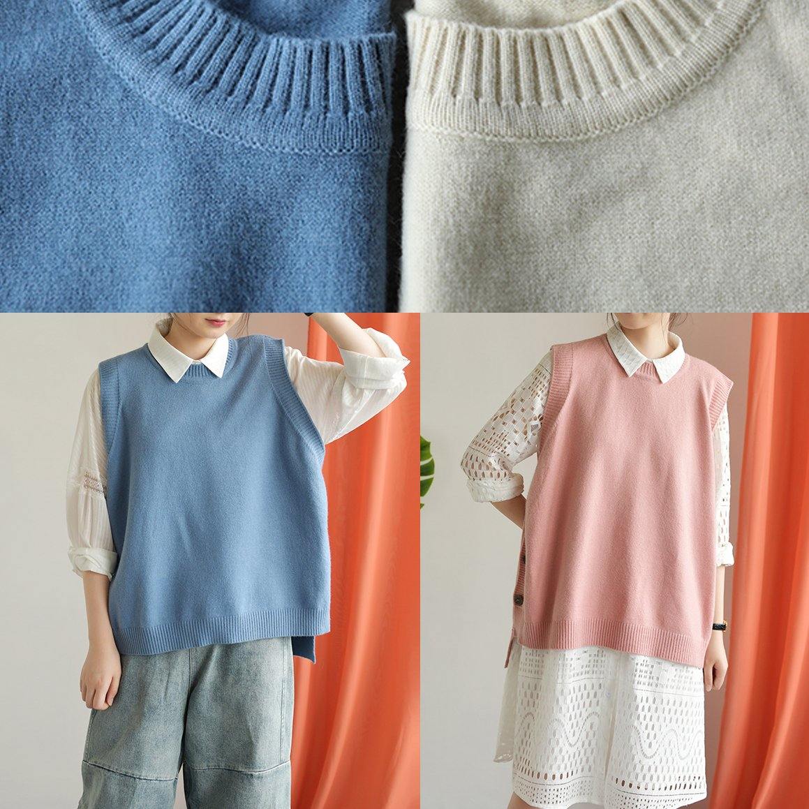 Winter O Neck Blue Knit Sweat Tops Low High Design Top Silhouette