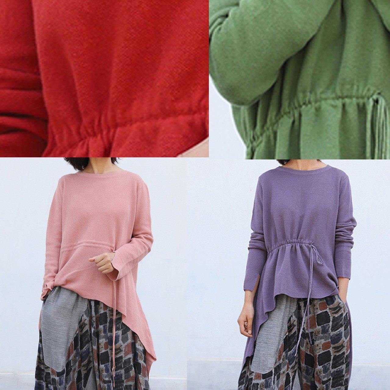 Winter O Neck Pink Knitted Blouse Clothing Drawstring Asymmetric Top