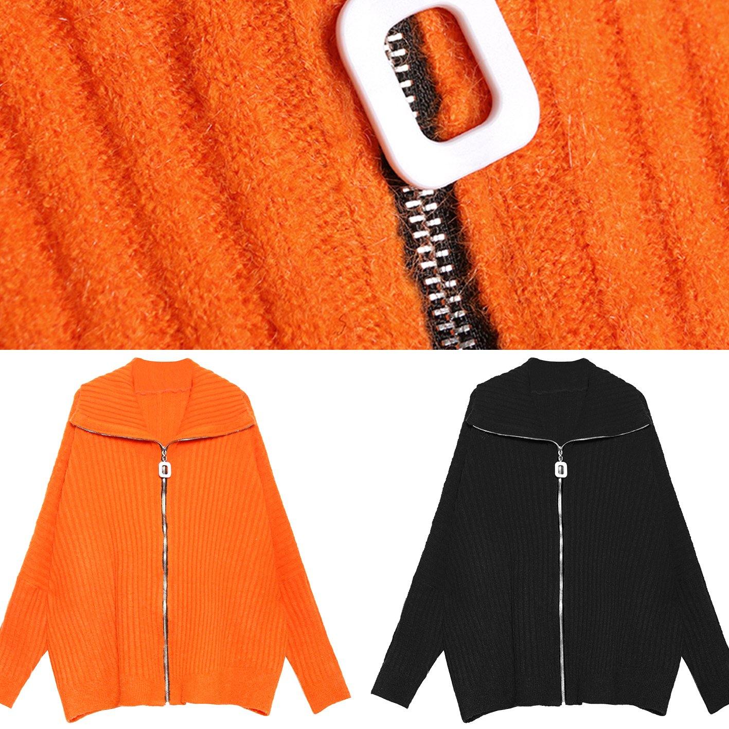 Winter Orange Knit Tops High Neck Zippered Knit Blouse