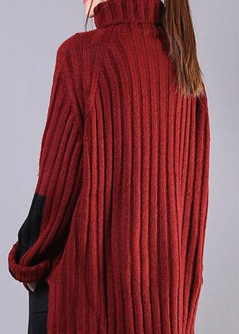 Winter Red Knitwear High Neck Baggy Sweater Tops