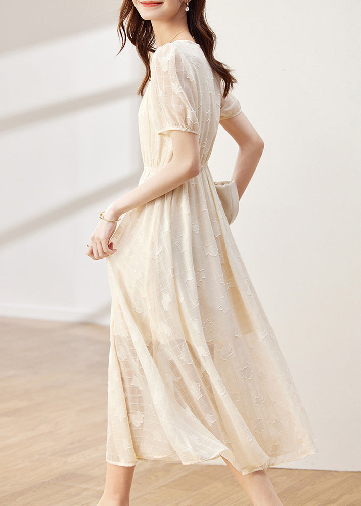 Apricot O-neck Wrinkled Patchwork Chiffon Dress Summer