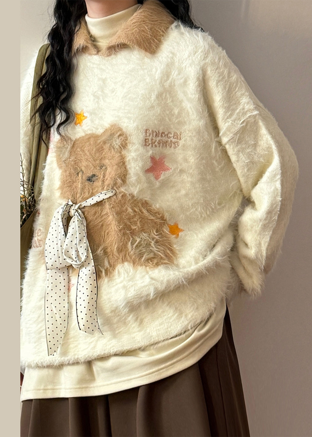 Apricot Peter Pan Collar Little Bear Bow Mink Hair Knitted Sweaters Winter