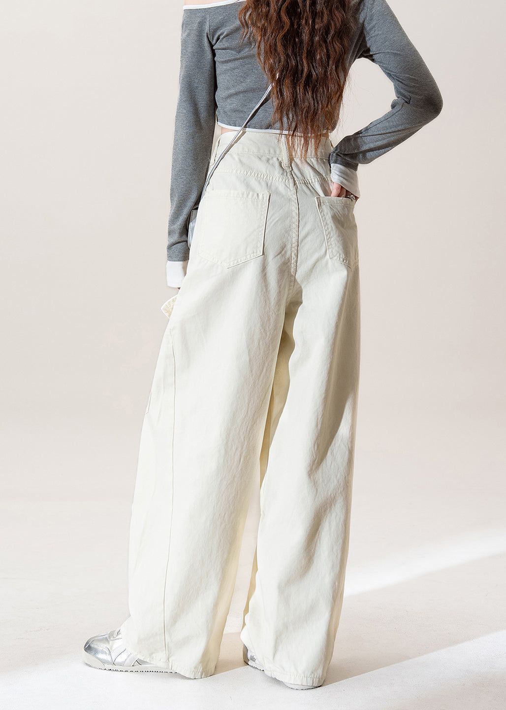 Apricot Pockets Wrinkled Denim Pants Spring