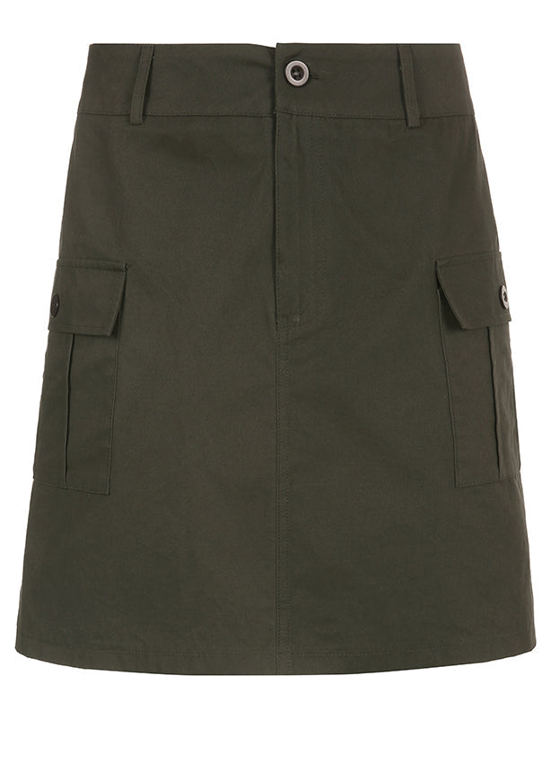 Army Green Pockets High Waist Patchwork Cotton Skirts Fall