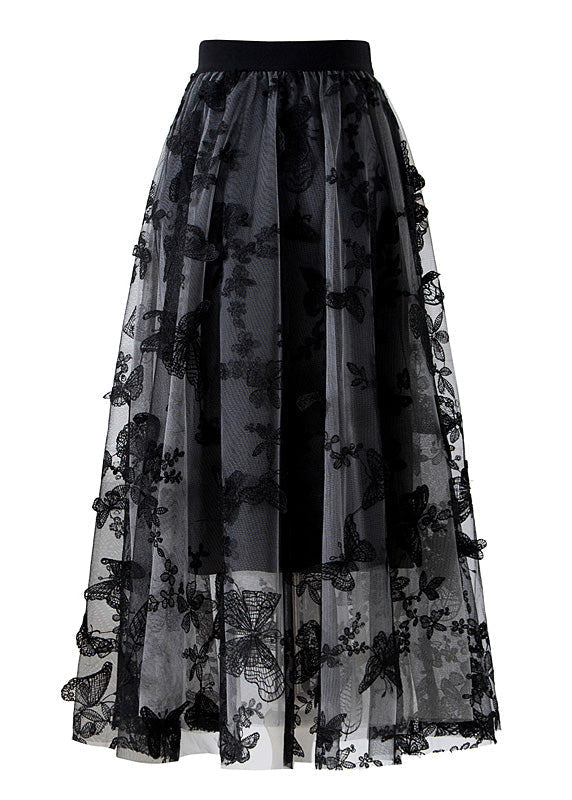 Black Butterfly Elastic Waist Tulle a Line Skirts Spring