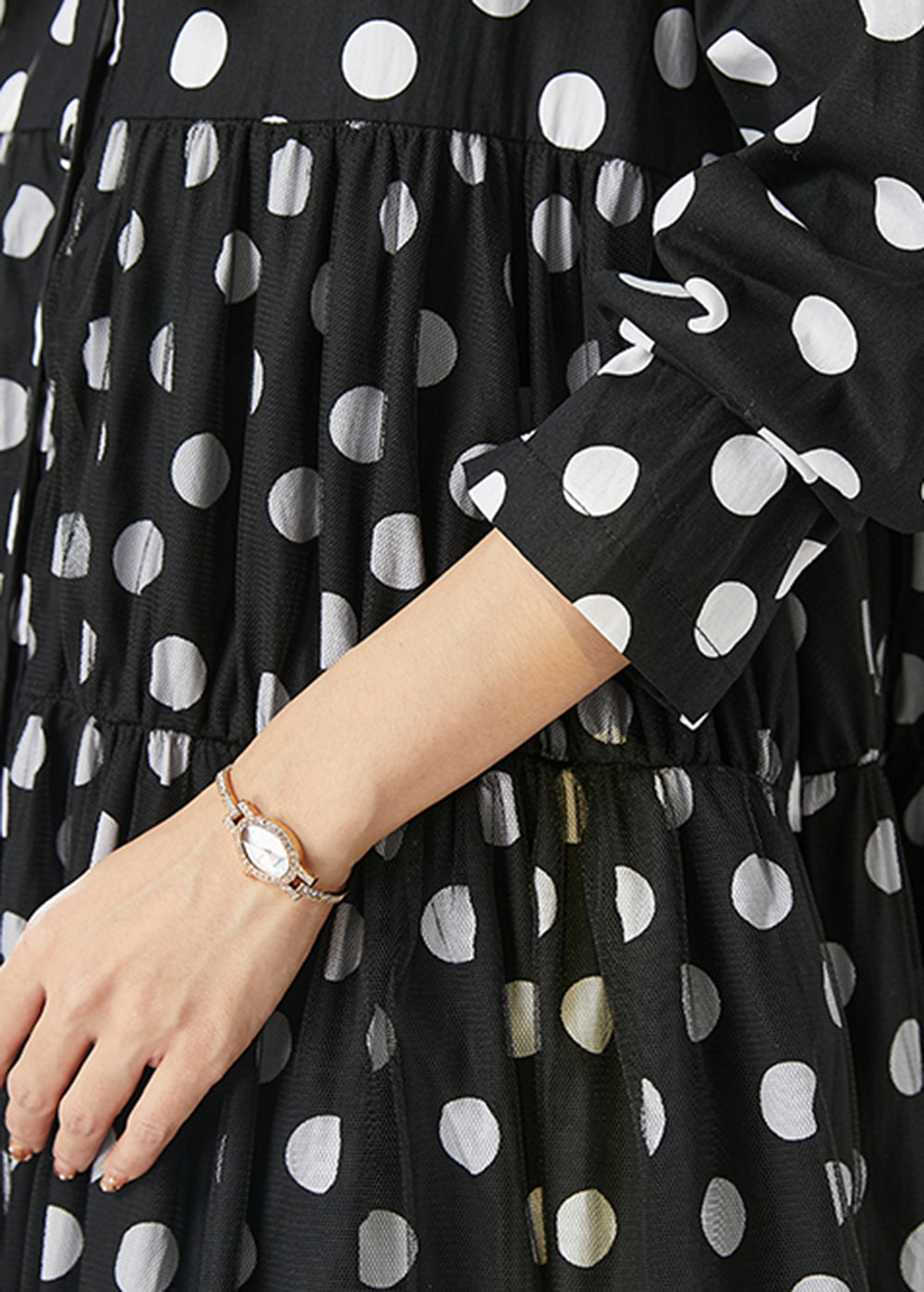 Black Dot Print Bow Tullle Long Dresses Spring