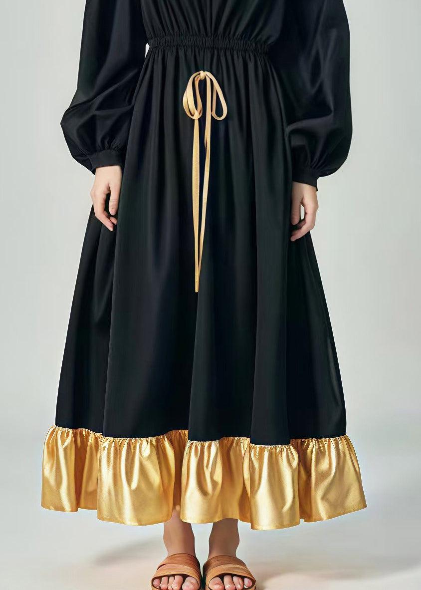 Black Elastic Waist Patchwork Exra Large Hem Cotton Dress Spring