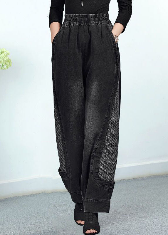 Black Elastic Waist Pockets Patchwork Cotton Pants Trousers Fall