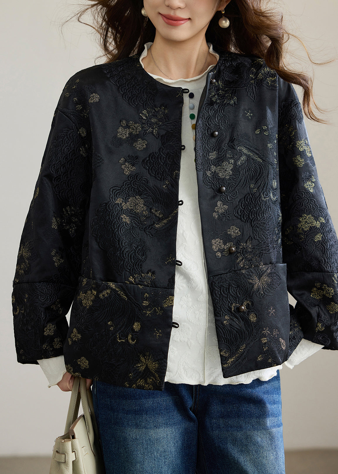 Black Embroidered Patchwork Silk Oriental Coats Spring