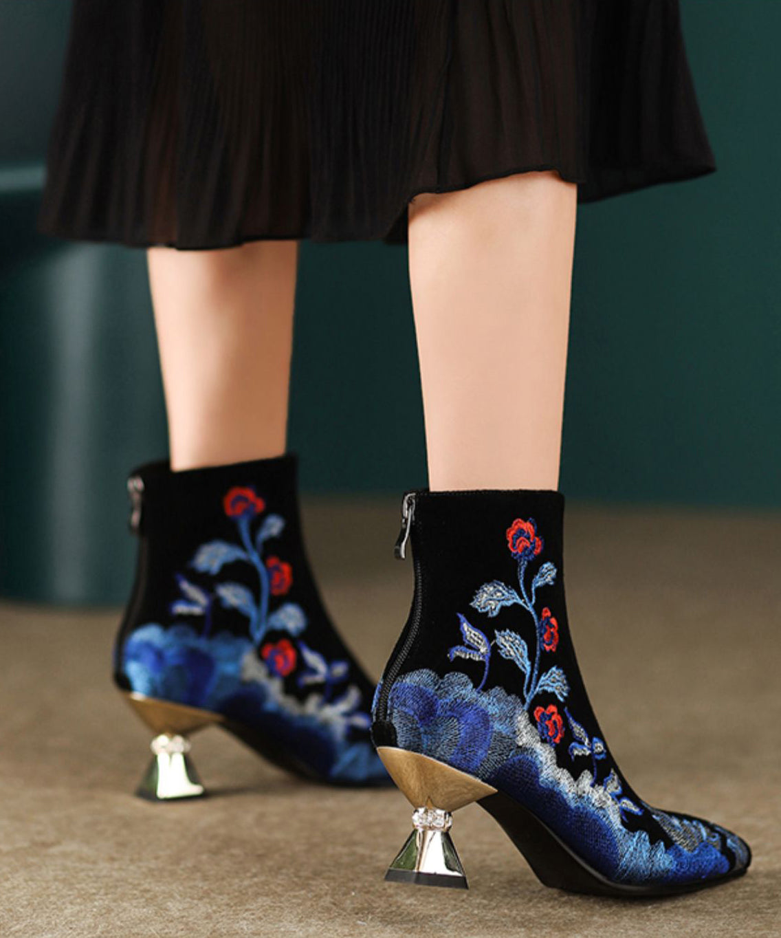 Black Embroidered Zippered Suede High Heels