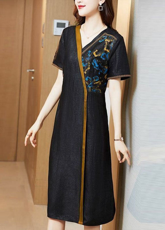 Black Embroideried Patchwork Silk Holiday Dress Summer