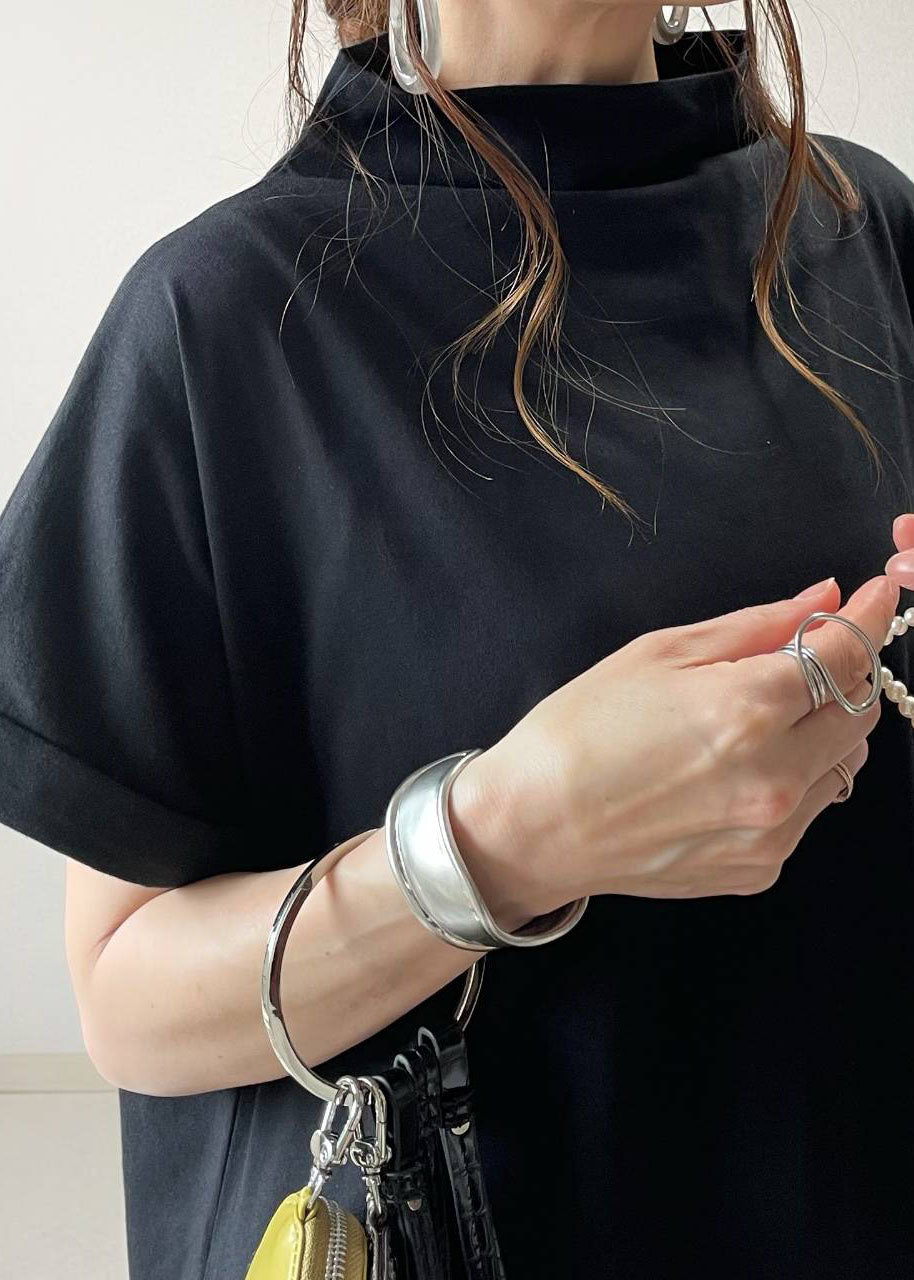 Black Hign Neck Patchwork Cotton Ankle Dress Batwing Sleeve