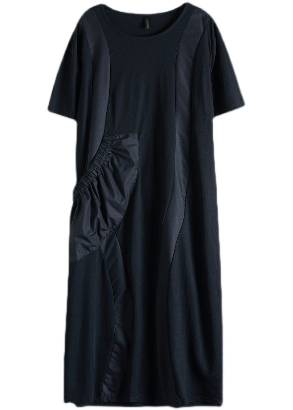 Black O-neck Big Pocket Patchwork Long Dress Short Sleeve