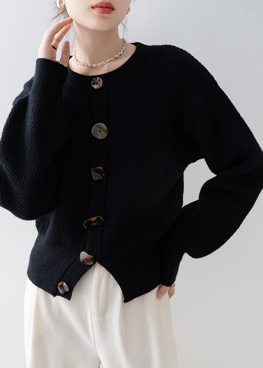 Black O-neck Cozy Knit Cardigan Winter