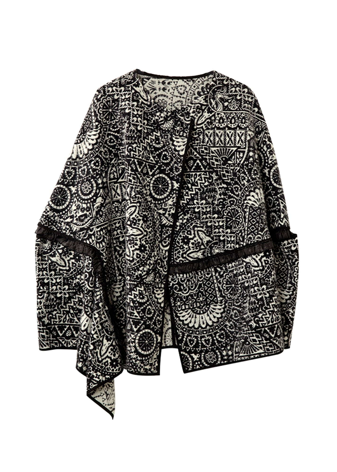Black O Neck Ruffled Jacquard Woolen Coats Batwing Sleeve