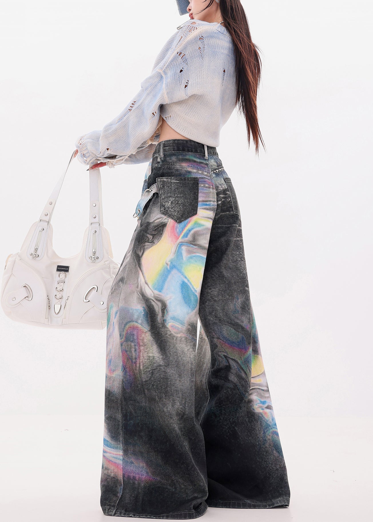 Black Oversized Tie Dye Denim Wide Leg Pants Spring