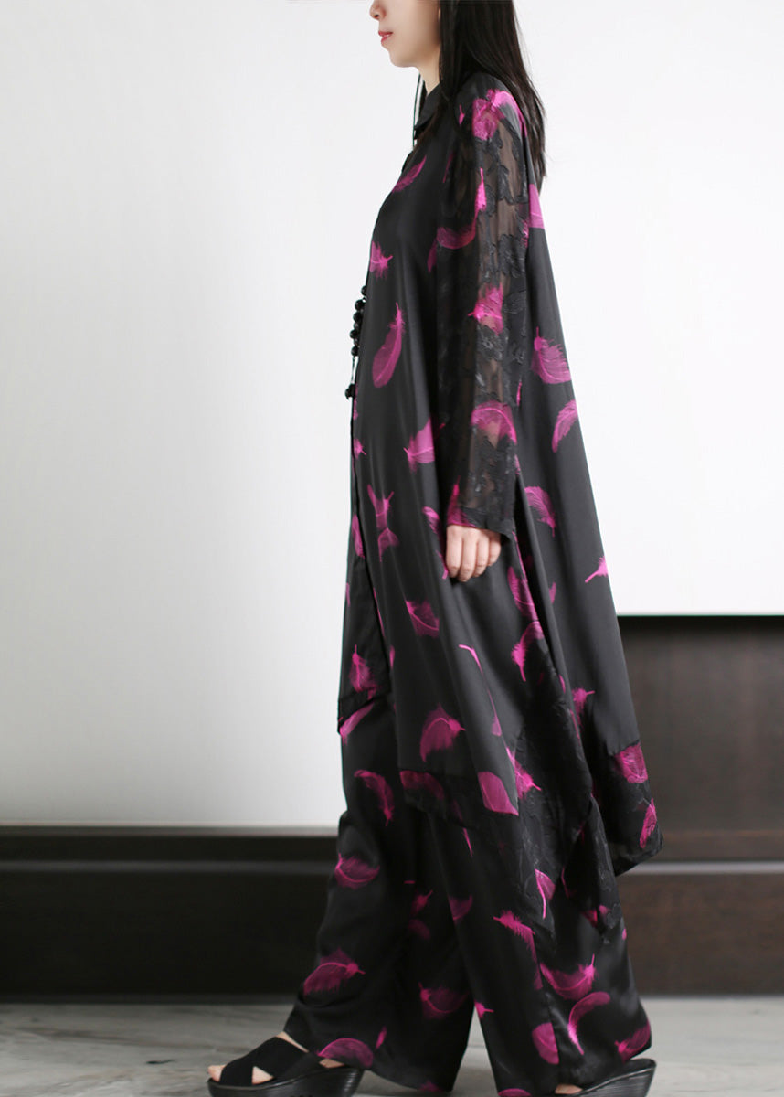 Black Peter Pan Collar Button Silk Maxi Shirts and Wide Leg Pants Two Piece Set Spring