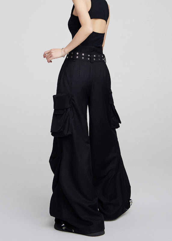 Black Pockets High Waist Patchwork Cotton Pants Fall