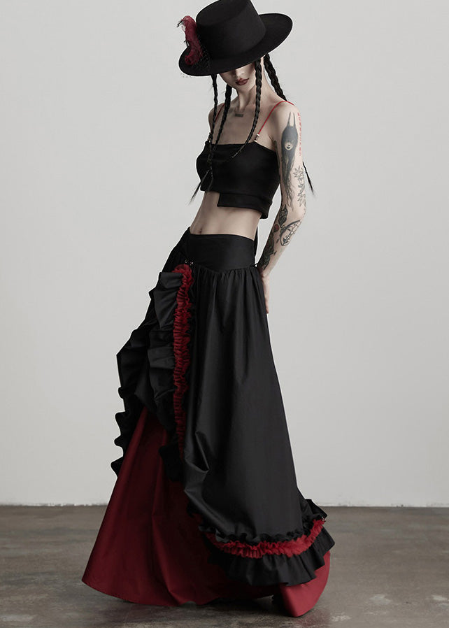 Black Ruffled Patchwork Exra Large Hem Cotton Skirts Spring