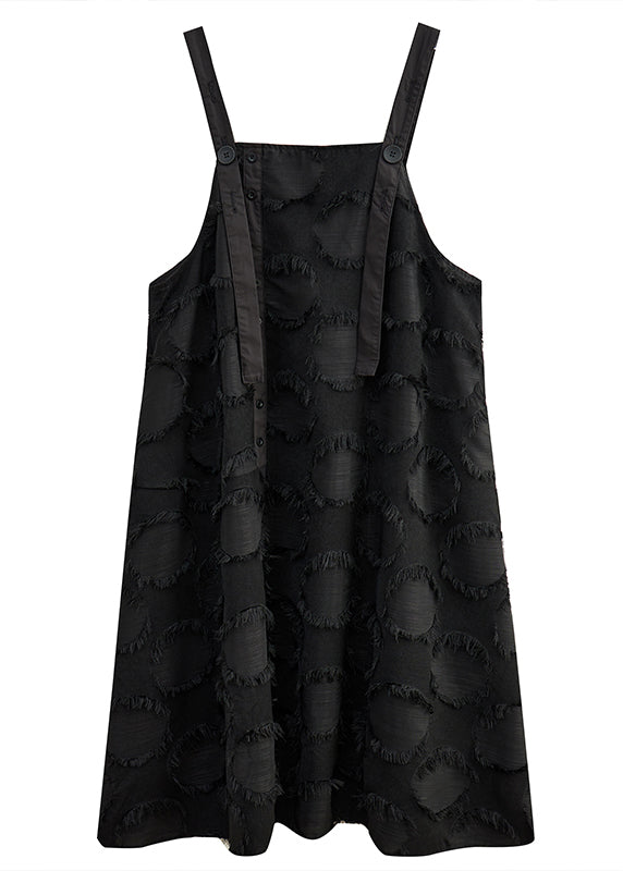 Black Tasseled Cotton Holiday Strap Dress Summer