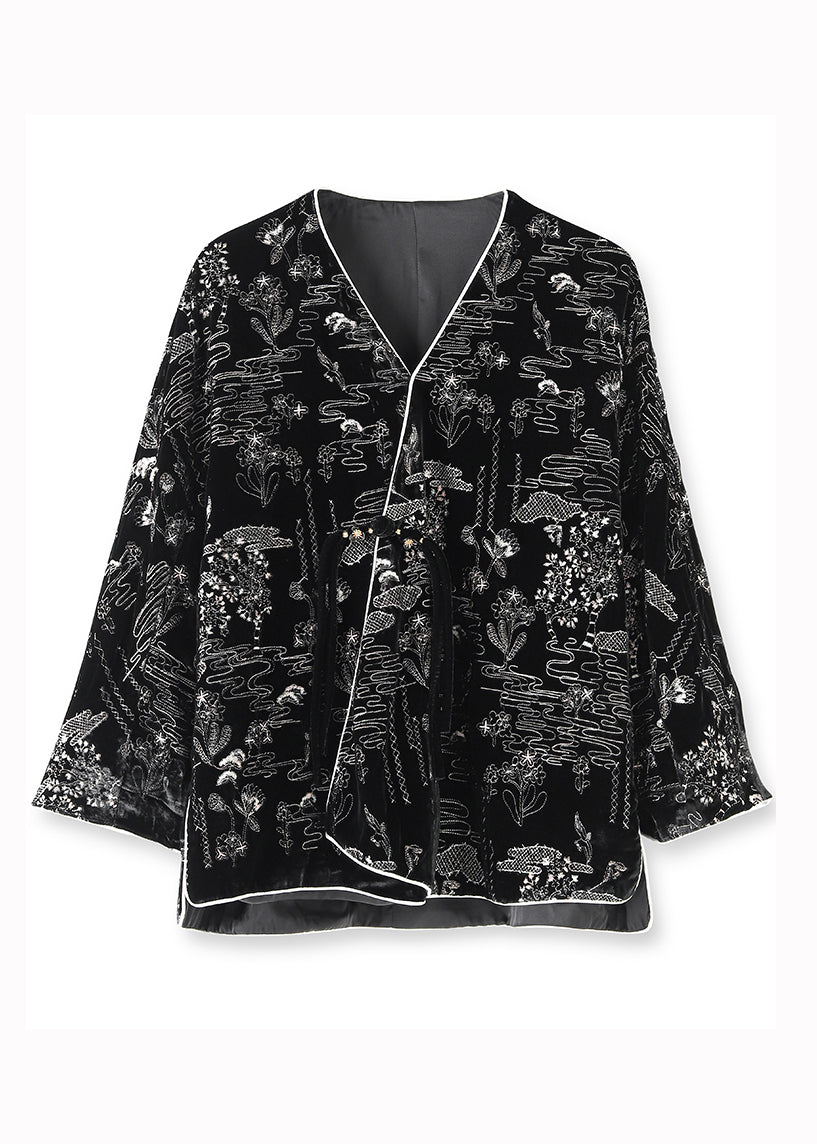 Black V Neck Jacquard Patchwork Silk Velour Coats Fall