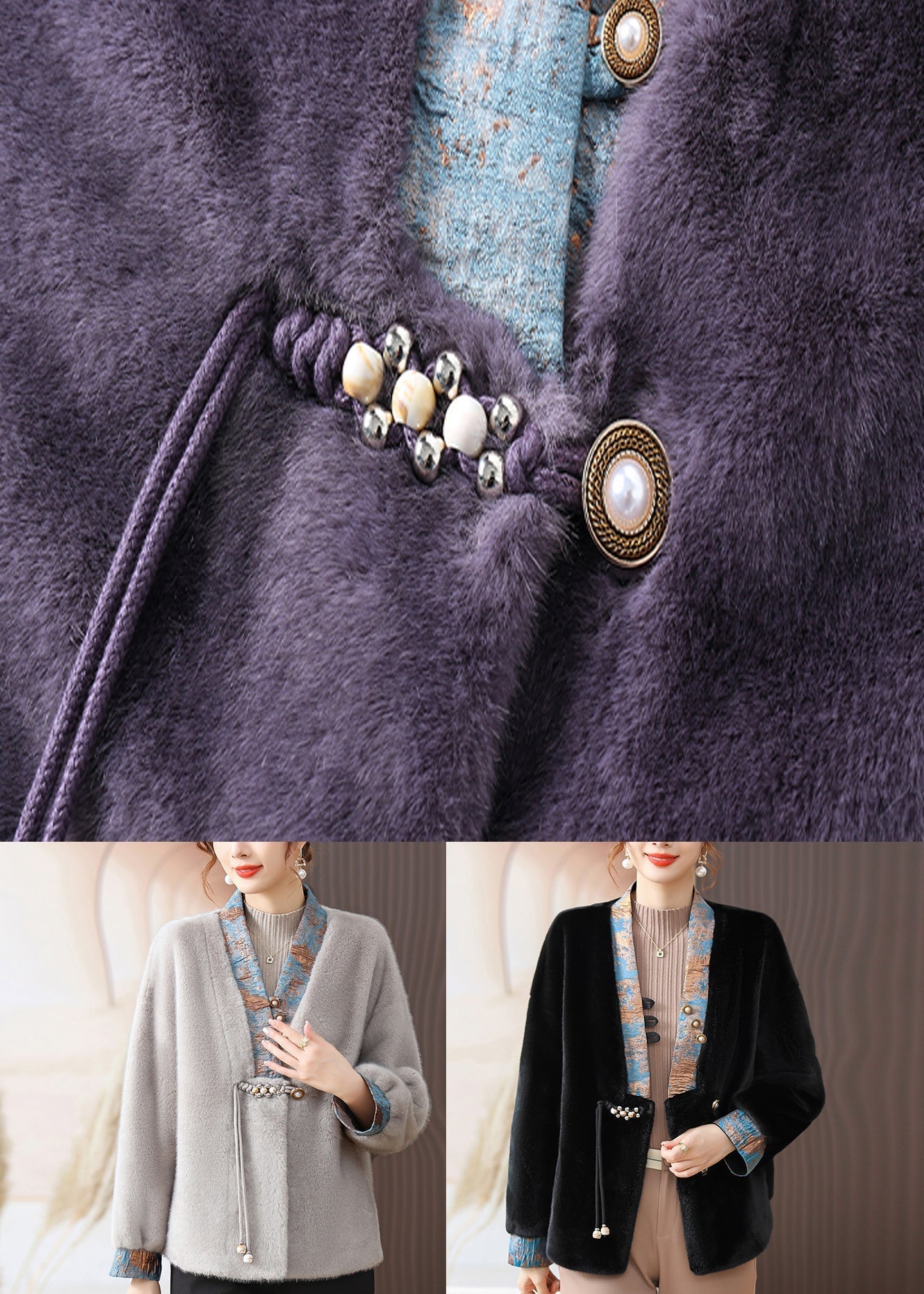 Black V Neck Pockets Patchwork Mink Hair Coats Fall