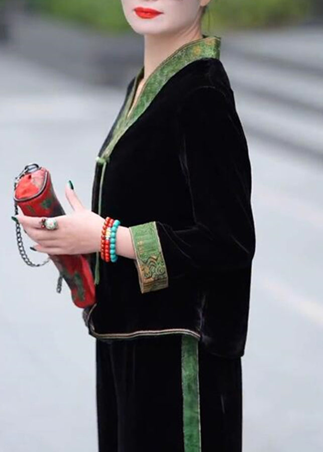 Black V Neck Print Patchwork Tassel Silk Velour Coat Long Sleeve