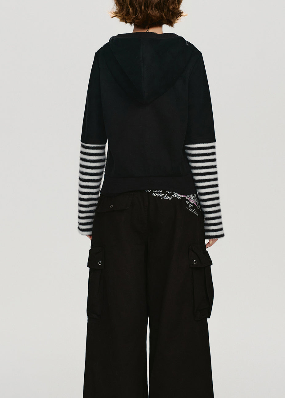 Black Zip Up Patchwork Cotton Hooded Coat Spring
