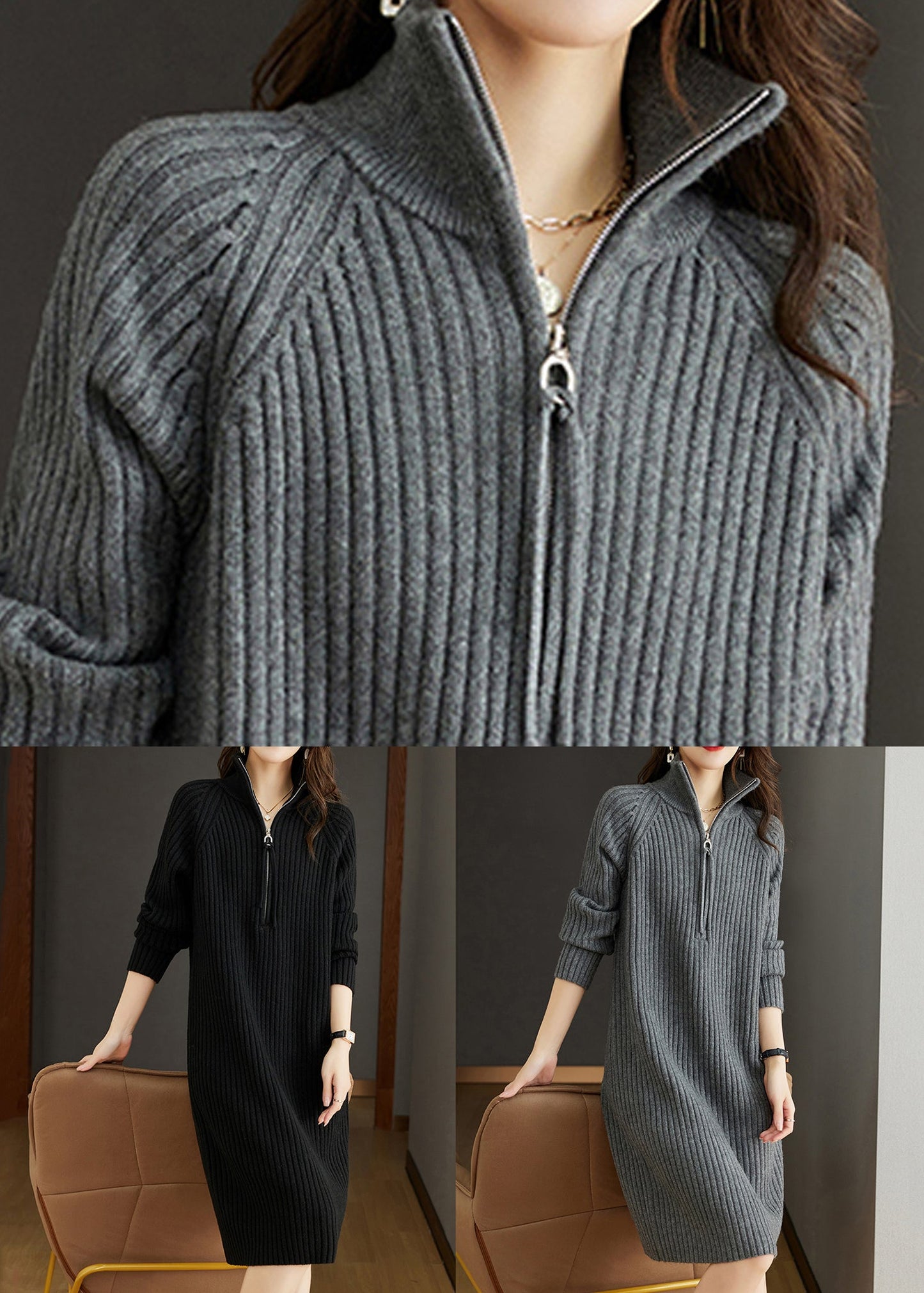 Black Zippered Patchwork Woolen Knit Dress Fall