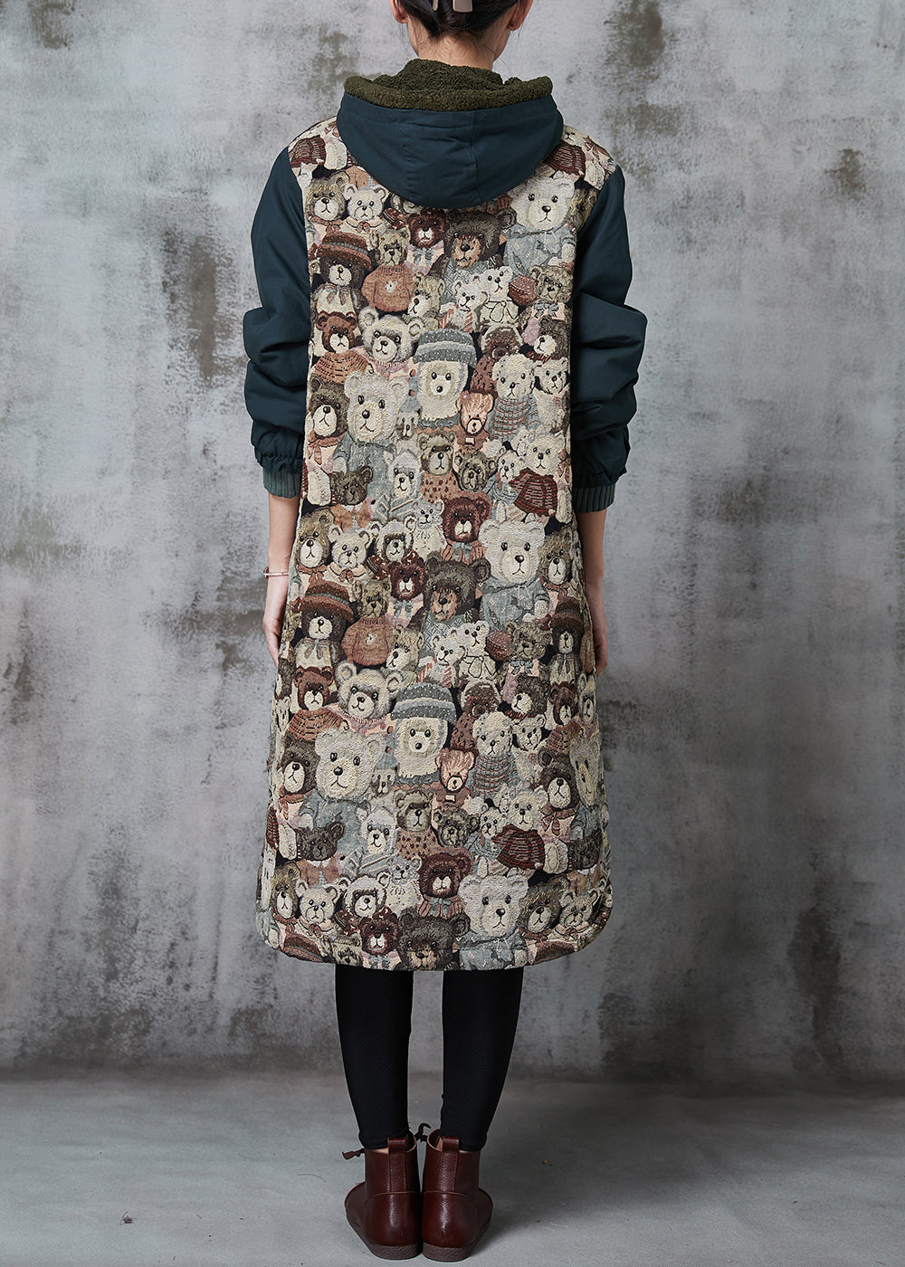 Blackish Green Hooded Cartoon Print Fine Cotton Filled Parka Winter