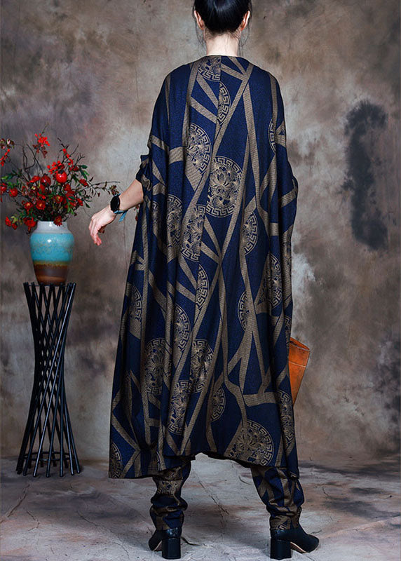 Blue Loose Print Asymmetrical Design Fall Two Pieces Set Long Sleeve