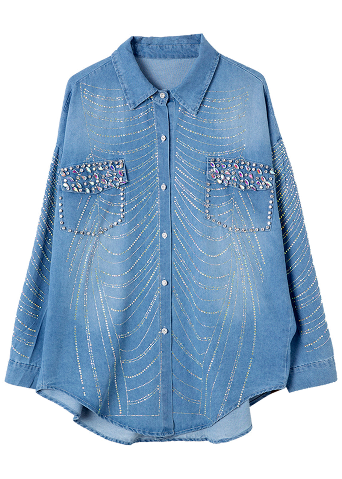 Women Blue Nail Bead Zircon Button Denim Shirts Spring