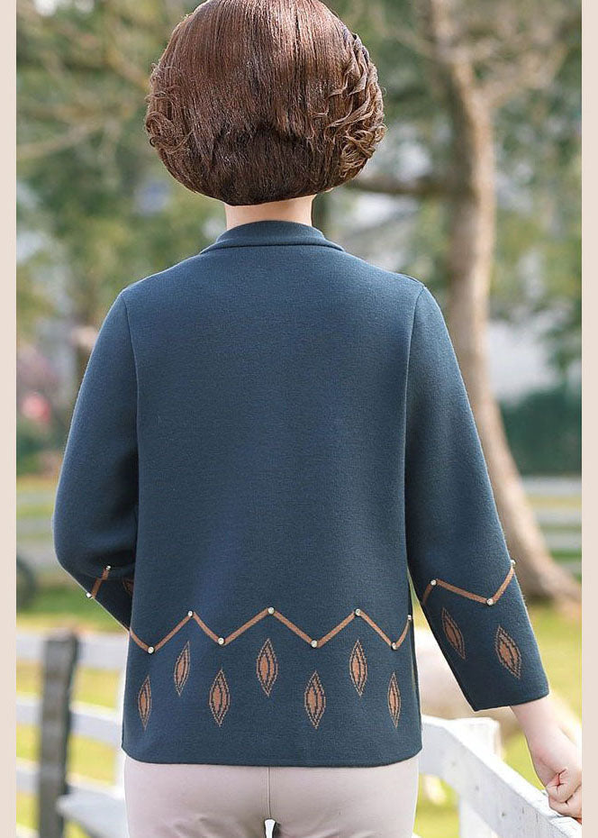 Blue O-neck Pockets Print Woolen Coats Long Sleeve