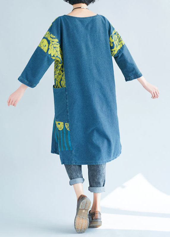 Blue O-neck Side Open Print Sweatshirts Dresses Spring