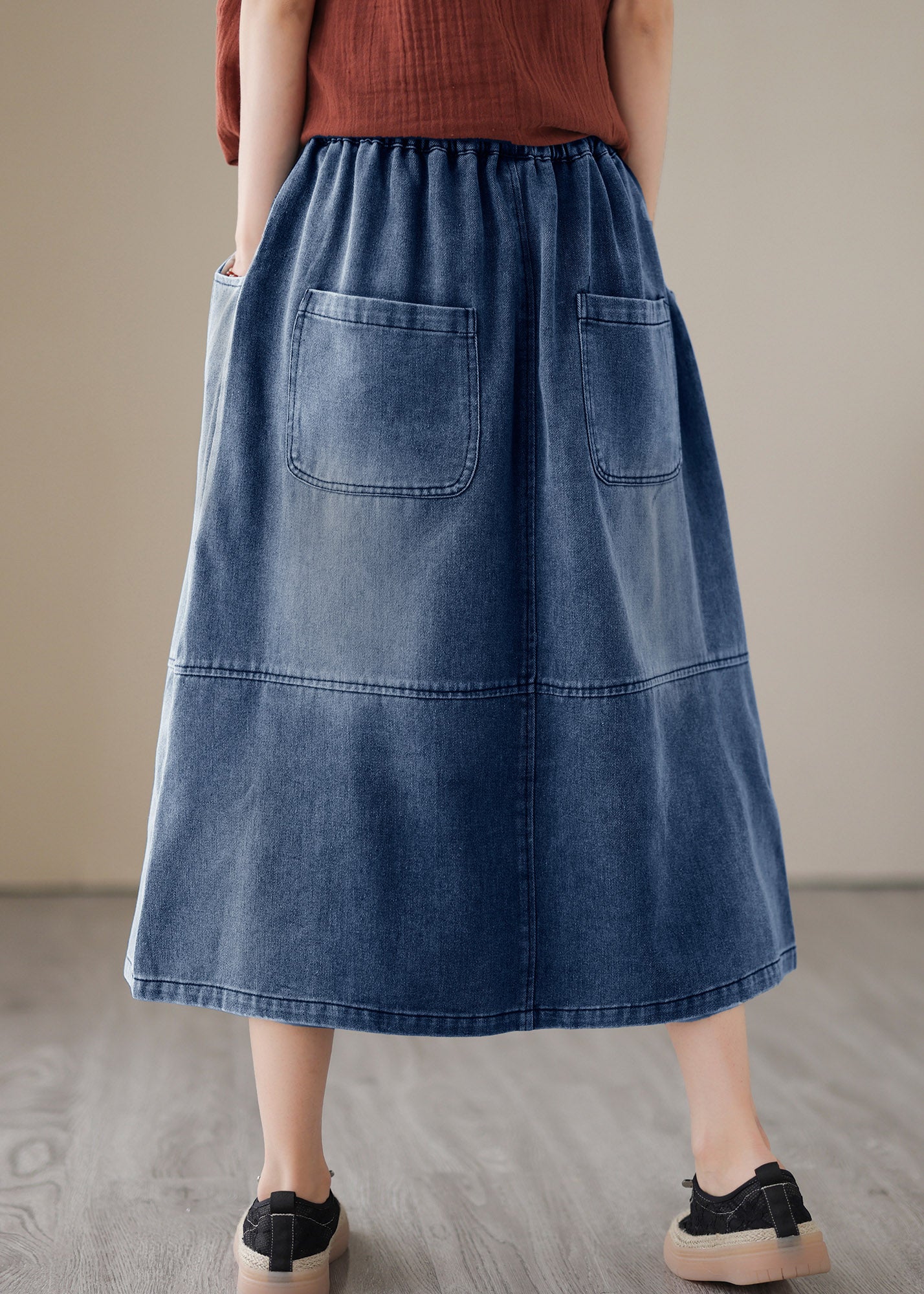 Blue Patchwork Drawstring Elastic Waist Denim Skirts Summer
