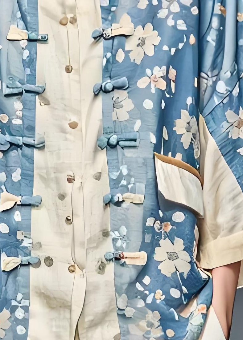 Blue Print Chinese Button Patchwork Cotton Coats Fall